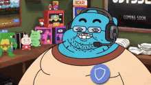a cartoon character wearing headphones and a badge that says ' coming soon '