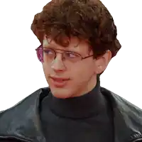 a young man with curly hair wearing glasses and a black turtleneck
