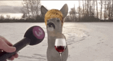 a deer wearing a wig is being interviewed by a person holding a microphone and a glass of wine