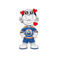 an edmonton oilers mascot with hearts around his eyes