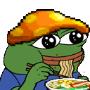 a pixel art of a green frog eating noodles with chopsticks .