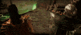 a man with long hair is wearing a gold armor and making a face .