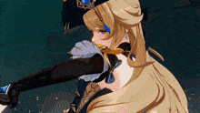a girl with long blonde hair is wearing a blue hat and gloves