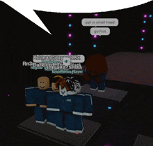 a group of roblox characters are standing next to each other and one of them has the number 440 on their jacket