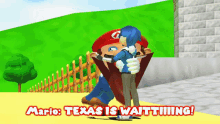 a cartoon of mario hugging a girl with the words mario texas is waiting