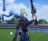 a person with green hair is holding a sword in a video game .