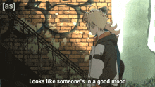a cartoon of a person with the words looks like someone 's in a good mood below them
