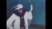 a man in a white robe is holding a sword in his right hand and a purple scarf around his neck ..