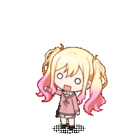 a little girl with blonde hair and pink pigtails is standing on a white background .