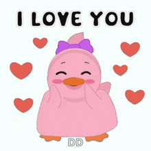 a pink duck is surrounded by hearts and says i love you dd
