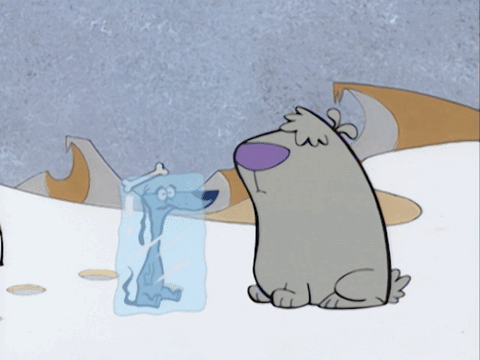 Big Dog's breath melts the ice that Little Dog is frozen in