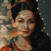 a woman with butterflies flying around her face