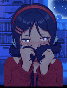 a girl with blue hair is covering her face with her hair