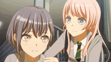 two anime girls are standing next to each other and one has a backpack