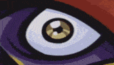 a close up of a cartoon character 's eye with a purple background