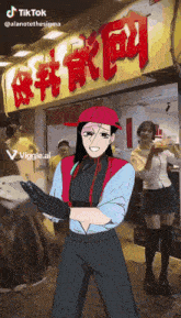 a cartoon of a woman standing in front of a restaurant with chinese writing on it