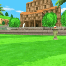 a golf cart is driving on a lush green golf course