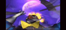 a clown in a yellow bow tie is looking up at the moon
