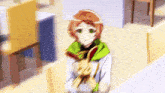 a blurry picture of a girl with green eyes and red hair
