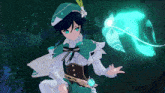 a cartoon character with green hair and blue eyes is holding a blue flower