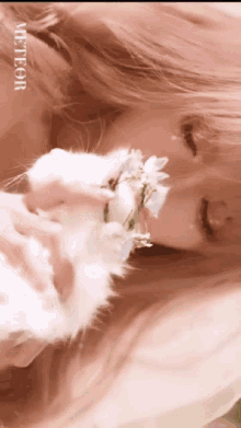 a woman is holding a white cat with flowers in her mouth and the word meteor is on the bottom right