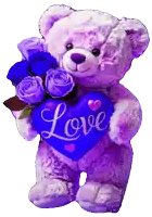 a teddy bear holding purple roses and a blue heart with the word love on it
