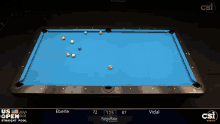 a pool table with a blue cloth that says usa open on it