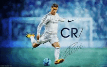 a soccer player is kicking a soccer ball on a field with a goal in the background .
