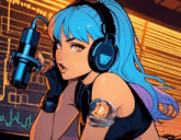 a girl with blue hair is wearing headphones and holding a microphone with a button that says bitcoin