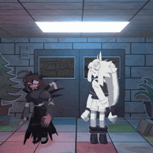 two cartoon characters are standing in front of a door with a sign that says ff