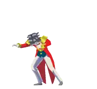 a cartoon of a man in a red coat and white pants jumping in the air