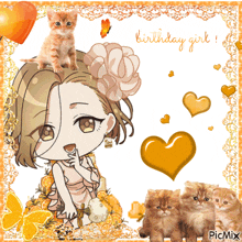 a picture of a girl with kittens and the words " birthday girl "
