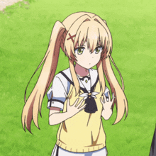 a blonde anime girl with pigtails and a red x on her head