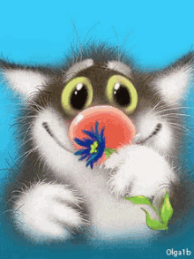 a picture of a cat with a flower in its mouth and the name olga1b on the bottom