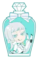 a cartoon character is sitting inside of a blue bottle with a diamond on top .
