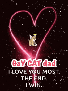 a picture of a cat with angel wings and the words gay cat dad i love you most