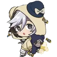 a cartoon character is wearing a hat and holding a stuffed pug