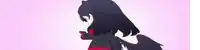a cartoon girl with long black hair and red wings