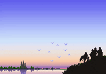 a pixel art of birds flying over a body of water with a castle in the background