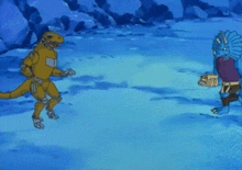 two dinosaurs are fighting each other in the snow .