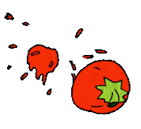 a cartoon drawing of a tomato with a green leaf