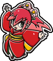 a cartoon drawing of a girl in a red kimono with flowers in her hair .
