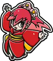 a cartoon drawing of a girl in a red kimono with flowers in her hair .