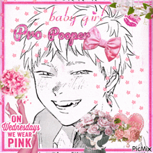 a drawing of a boy with a pink bow and the words baby girl pro pooper