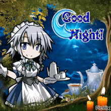 a picture of a maid holding a teapot and cups with the words good night written above her