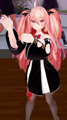 a girl with pink hair and red eyes is wearing a black dress