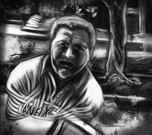 a black and white drawing of a man with a shirt that says taxex