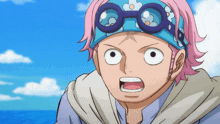 a cartoon character with pink hair and goggles on his head looks surprised