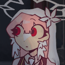 a cartoon character with red eyes and a flower in her hair