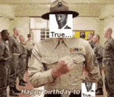 a man in a military uniform with a picture of a man in a hat with the words " true " on it